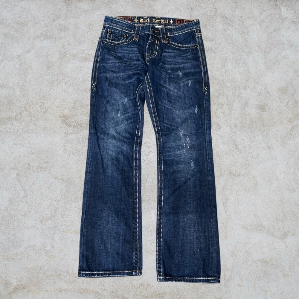 Rock Revival Jeans Mens 32x32 Blue Russell Straight Y2K Embroidered Grunge 2000s